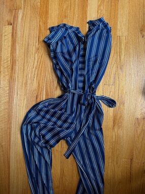 Navy Striped V‑Neck Jumpsuit with Waist Tie
